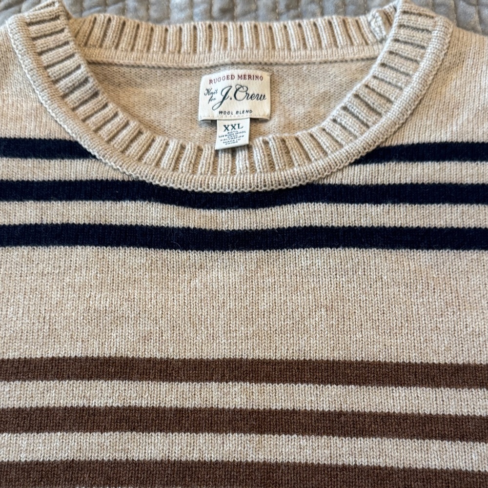 J. Crew Men's Crewneck Sweater - Navy Blue, Brown, and Red Stripes